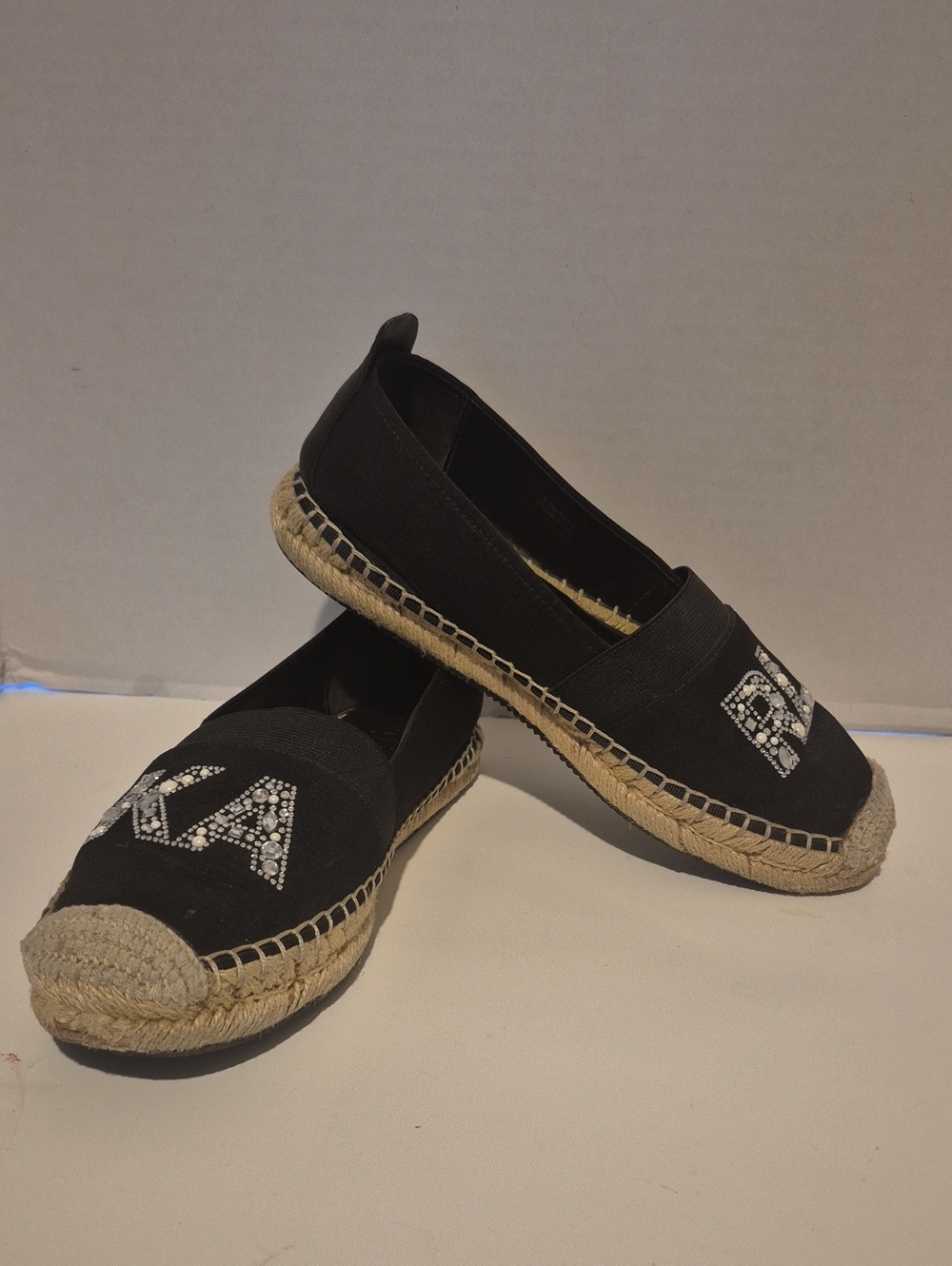 Karl Lagerfeld Black Espadrille Slip-On Flats with Crystal Logo